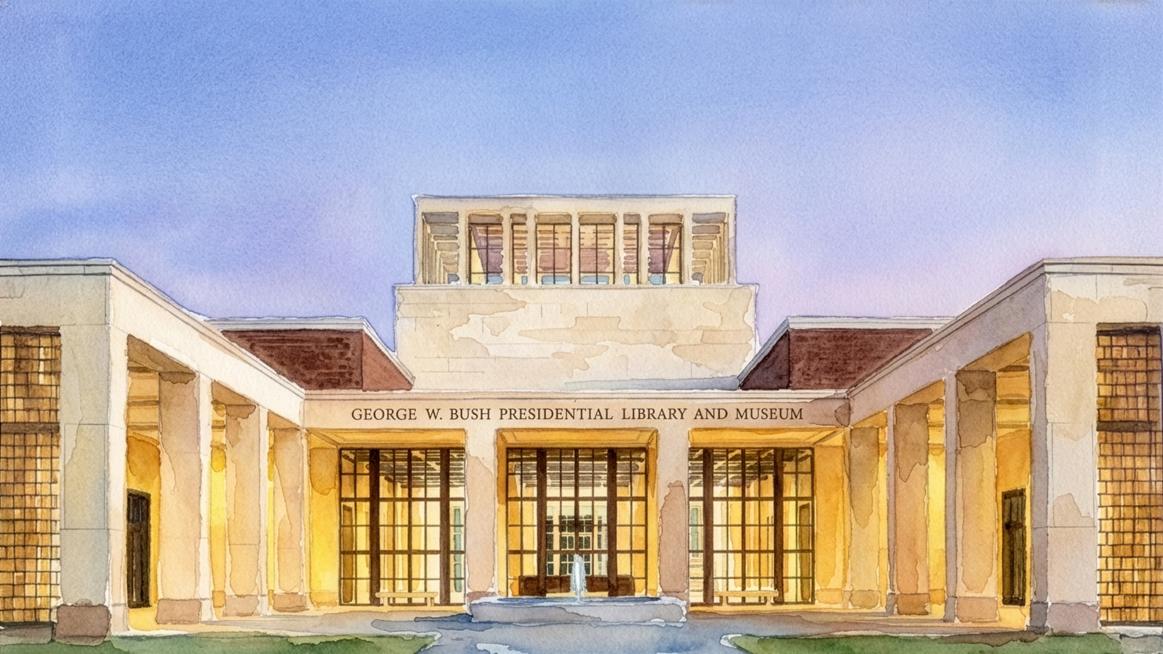 Watercolor illustration of the George W. Bush Presidential Library and Museum