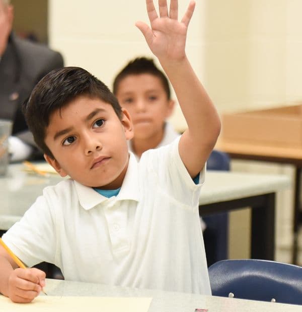 Yopung boy lifting his hand in school class.